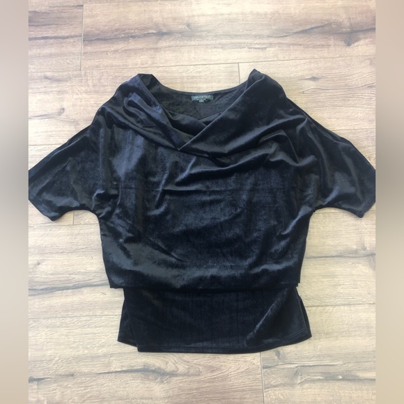 FOR CYNTHIA COLD SHOULDER ELBOW SLEEVES TIGHT WAIST FALLING NECK LINE VELVET TOP - Picture 8 of 9